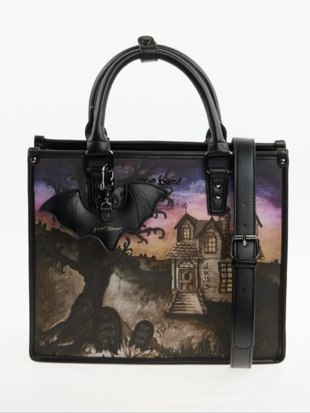 Betsey Johnson Black Gothic Haunted House Satchel with Twilight Print